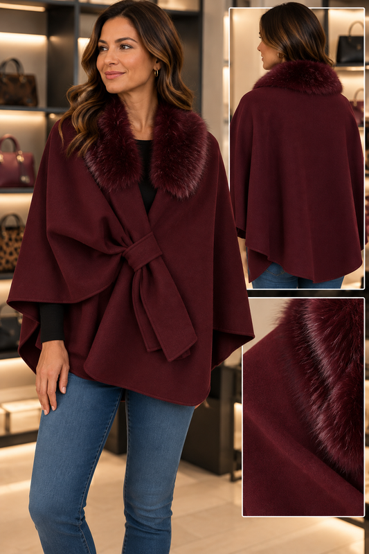 Cape Poncho Drap de Laine Col Châle Fausse Fourrure Ton-sur-Ton Nœud Ceinture Façade Coupe Asymétrique