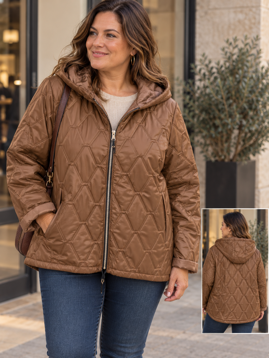 Veste Matelassée Capuche Zippée Motif Losanges Relief Grande Fermeture Éclair 2 Poches Coupe Ajustée Évasée