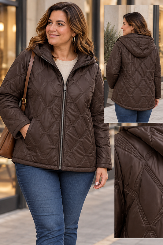 Veste Matelassée Capuche Zippée Motif Losanges Relief Grande Fermeture Éclair 2 Poches Coupe Ajustée Évasée
