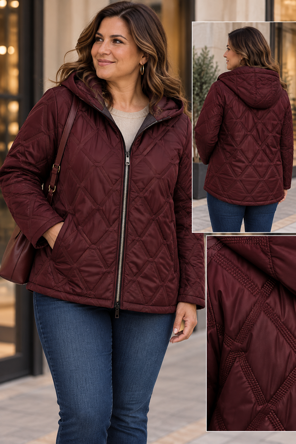 Veste Matelassée Capuche Zippée Motif Losanges Relief Grande Fermeture Éclair 2 Poches Coupe Ajustée Évasée