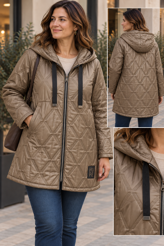 Manteau Matelassé Long Mi-Cuisse Capuche Losanges Chevrons Cordons Rubans Plats