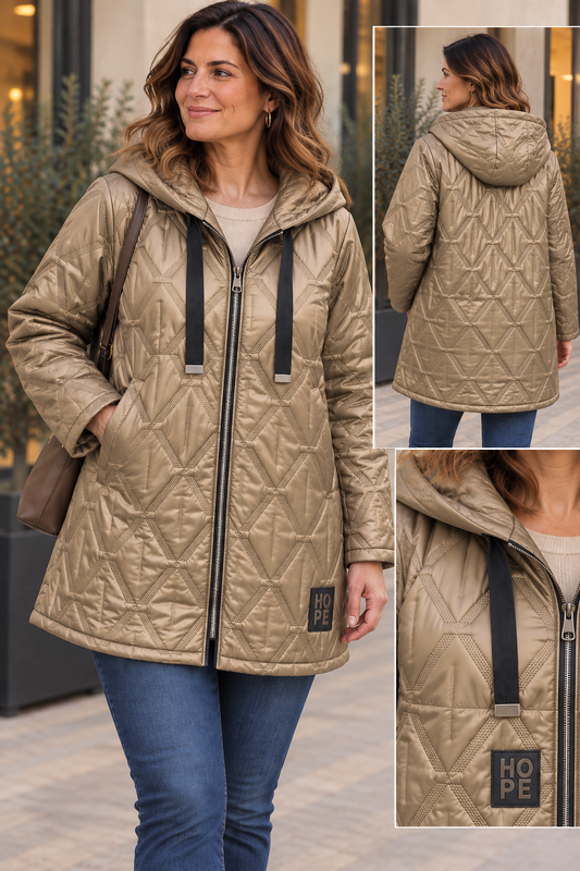 Manteau Matelassé Long Mi-Cuisse Capuche Losanges Chevrons Cordons Rubans Plats