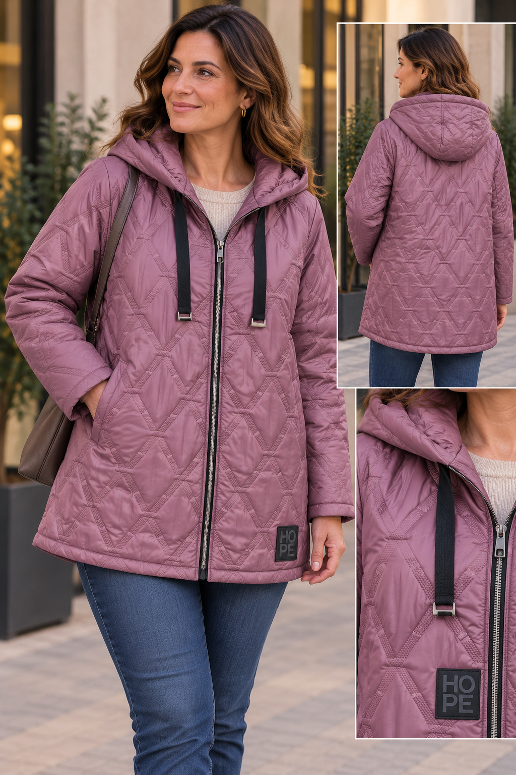 Manteau Matelassé Long Mi-Cuisse Capuche Losanges Chevrons Cordons Rubans Plats