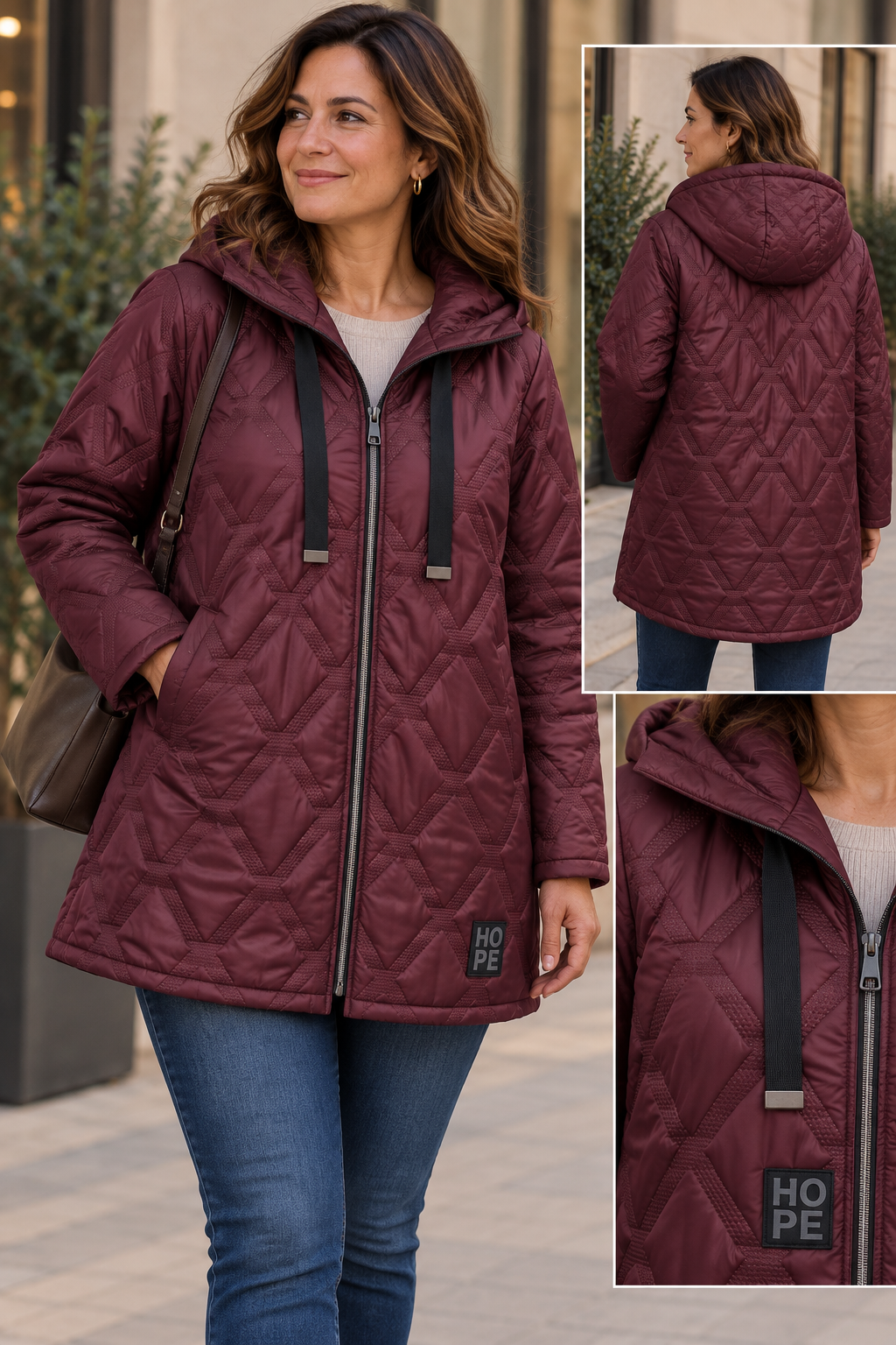 Manteau Matelassé Long Mi-Cuisse Capuche Losanges Chevrons Cordons Rubans Plats