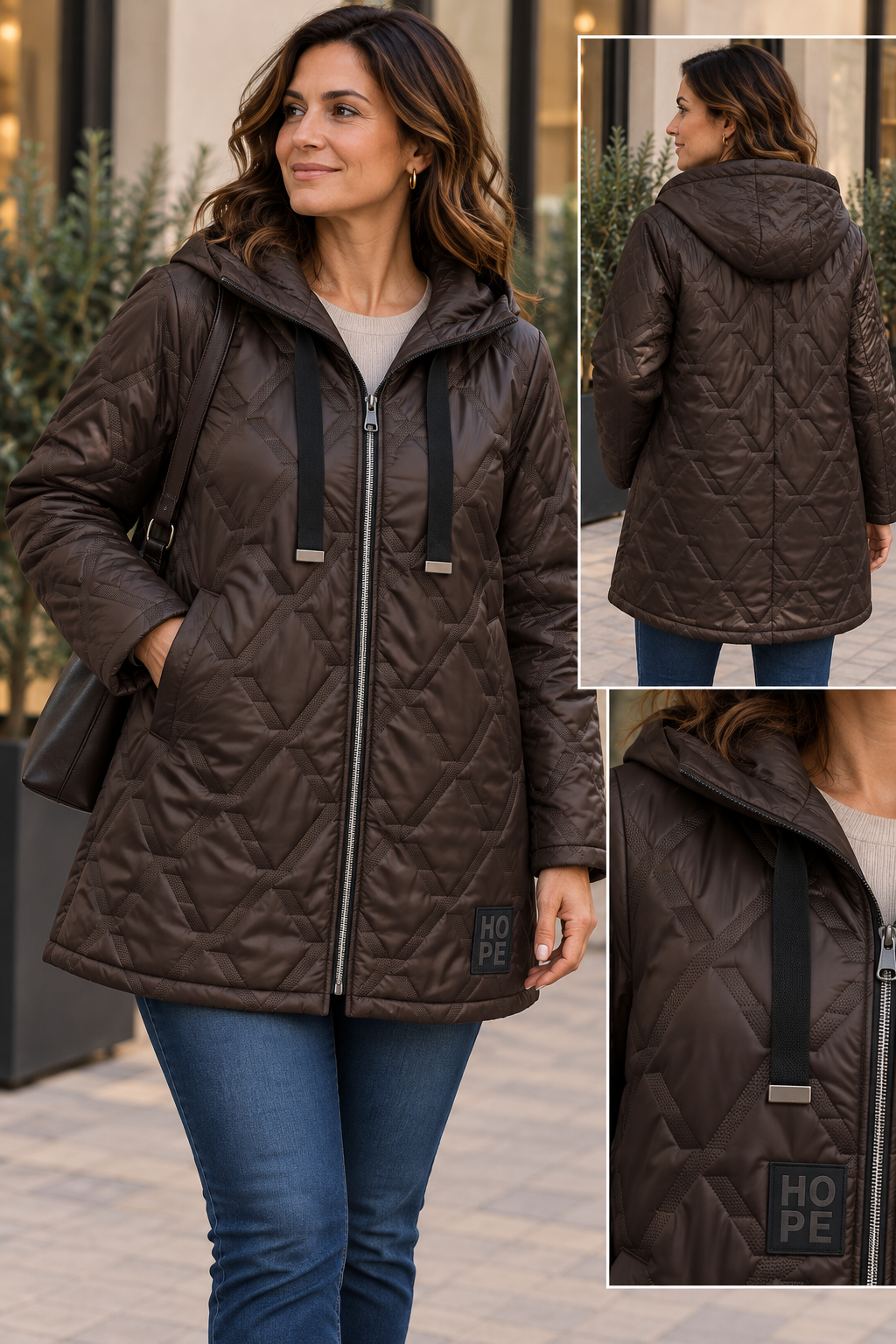 Manteau Matelassé Long Mi-Cuisse Capuche Losanges Chevrons Cordons Rubans Plats