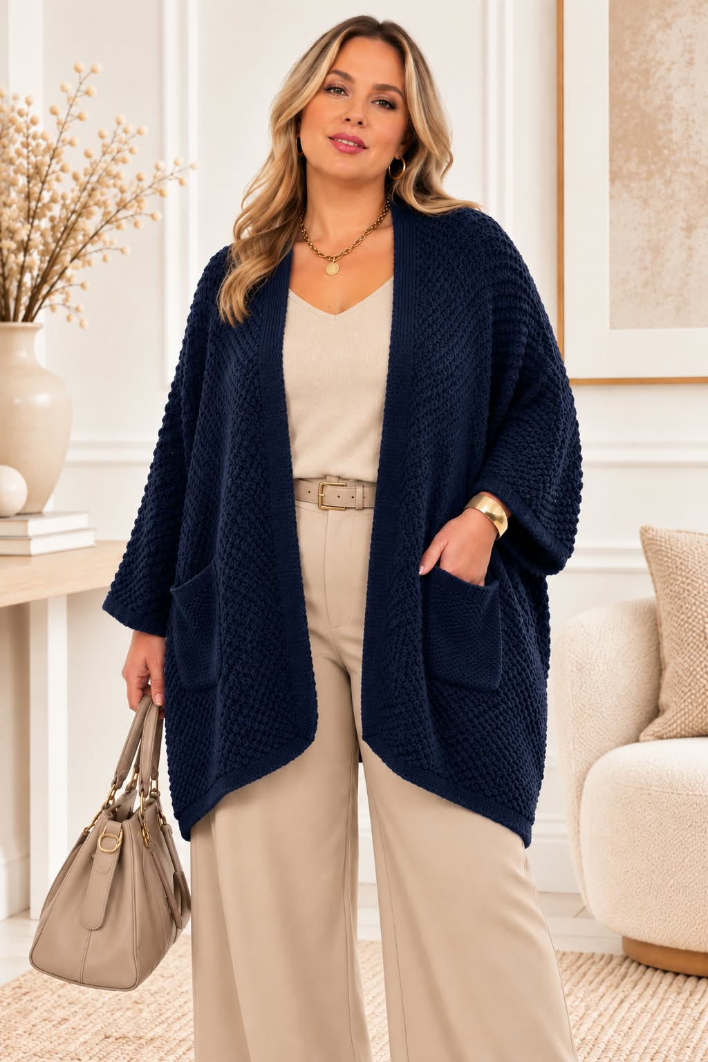 Cardigan Oversize Ouvert en Maille Texturée 2 Poches Plaquées