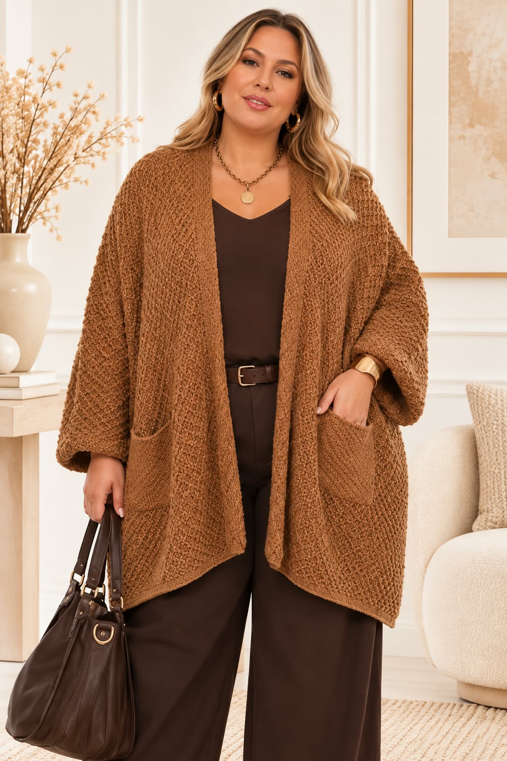 Cardigan Oversize Ouvert en Maille Texturée 2 Poches Plaquées