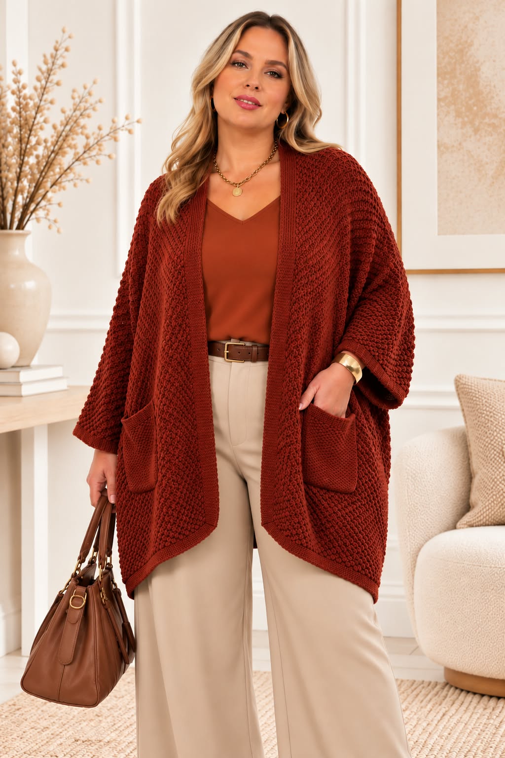 Cardigan Oversize Ouvert en Maille Texturée 2 Poches Plaquées