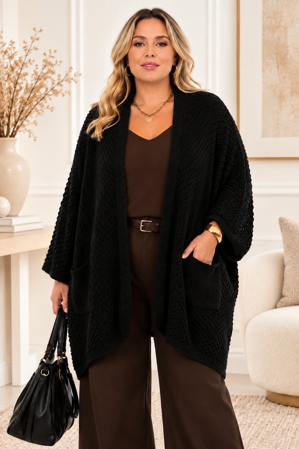 Cardigan Oversize Ouvert en Maille Texturée 2 Poches Plaquées