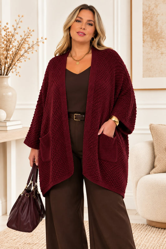 Cardigan Oversize Ouvert en Maille Texturée 2 Poches Plaquées