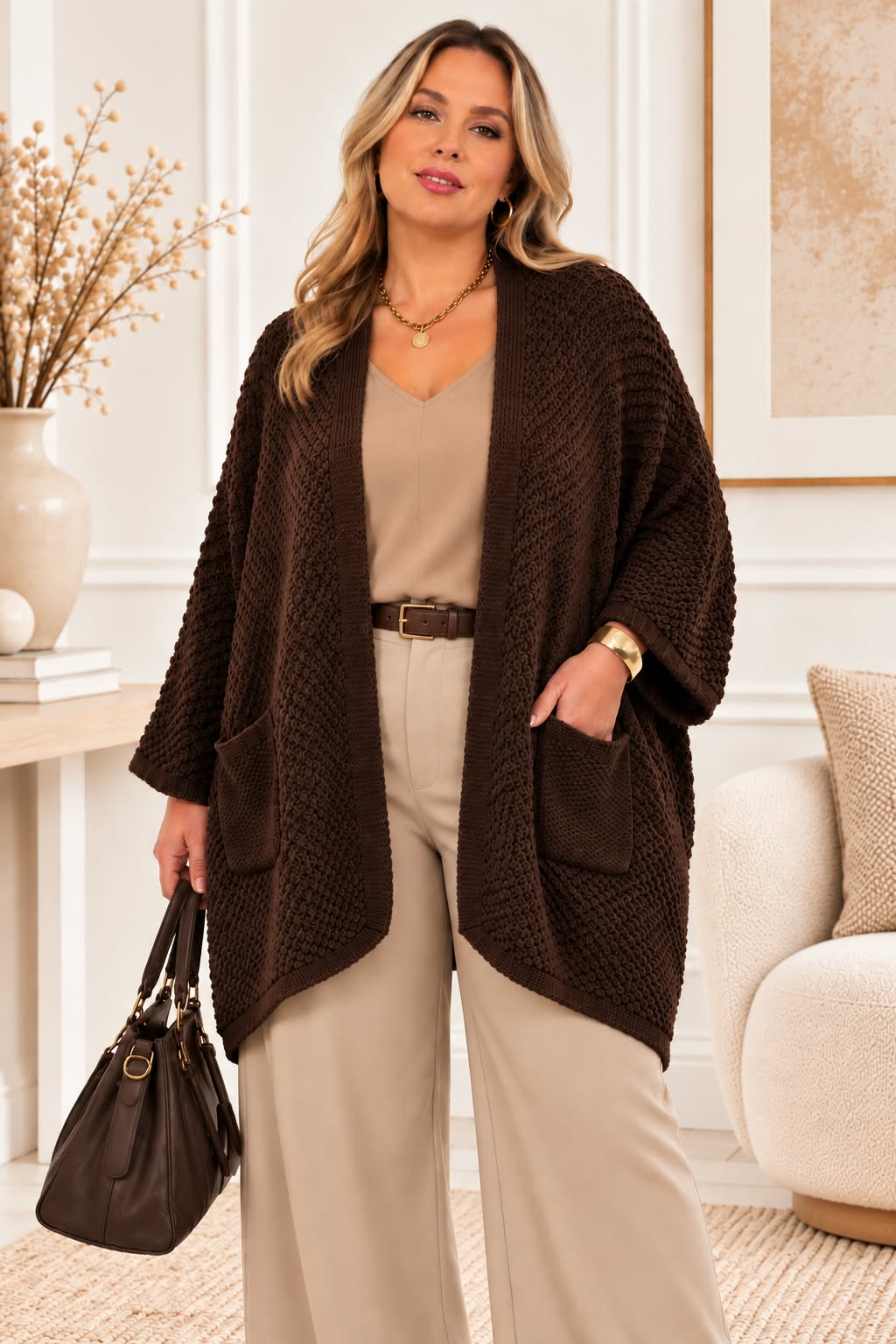 Cardigan Oversize Ouvert en Maille Texturée 2 Poches Plaquées