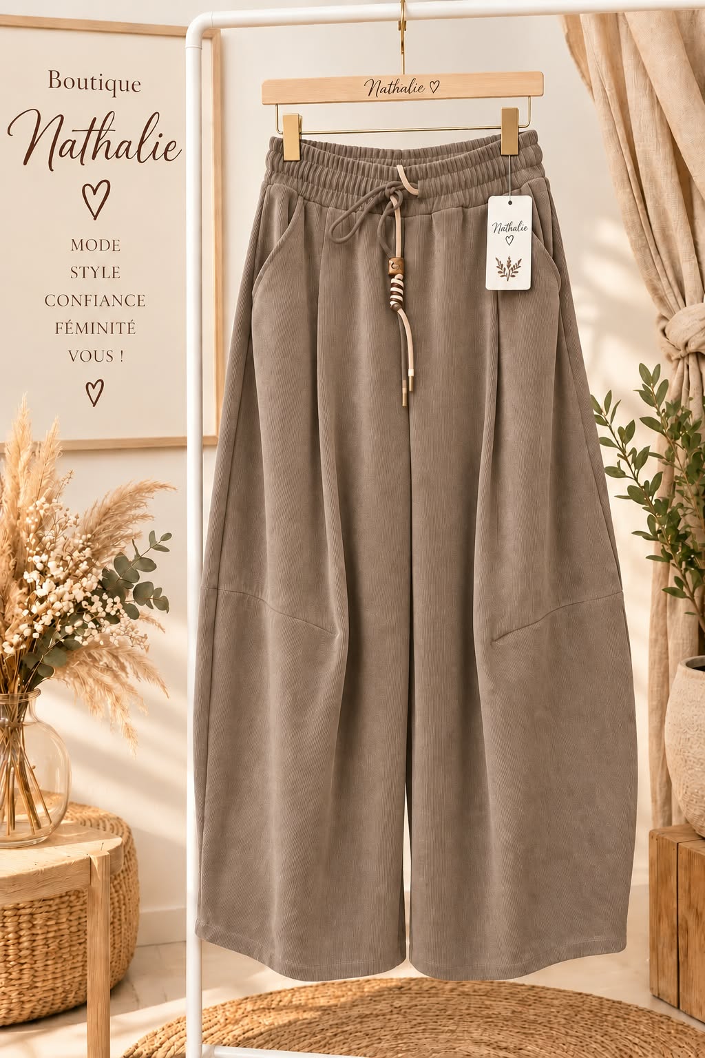 Pantalon ample à taille élastiquée, cordon et poches