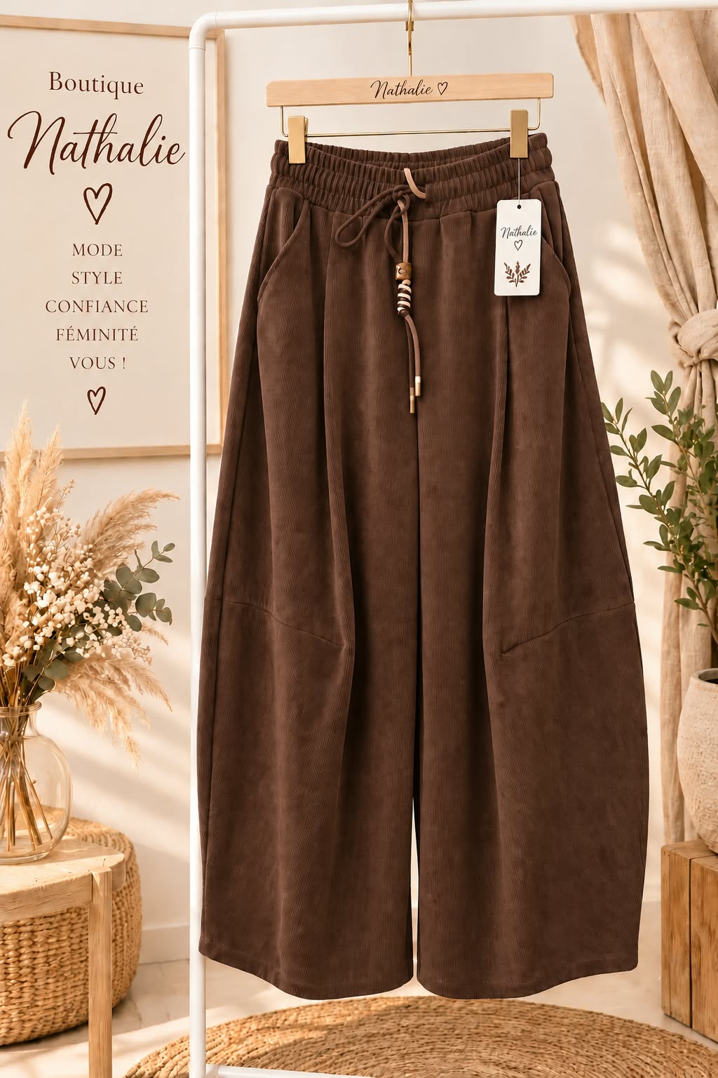 Pantalon ample à taille élastiquée, cordon et poches