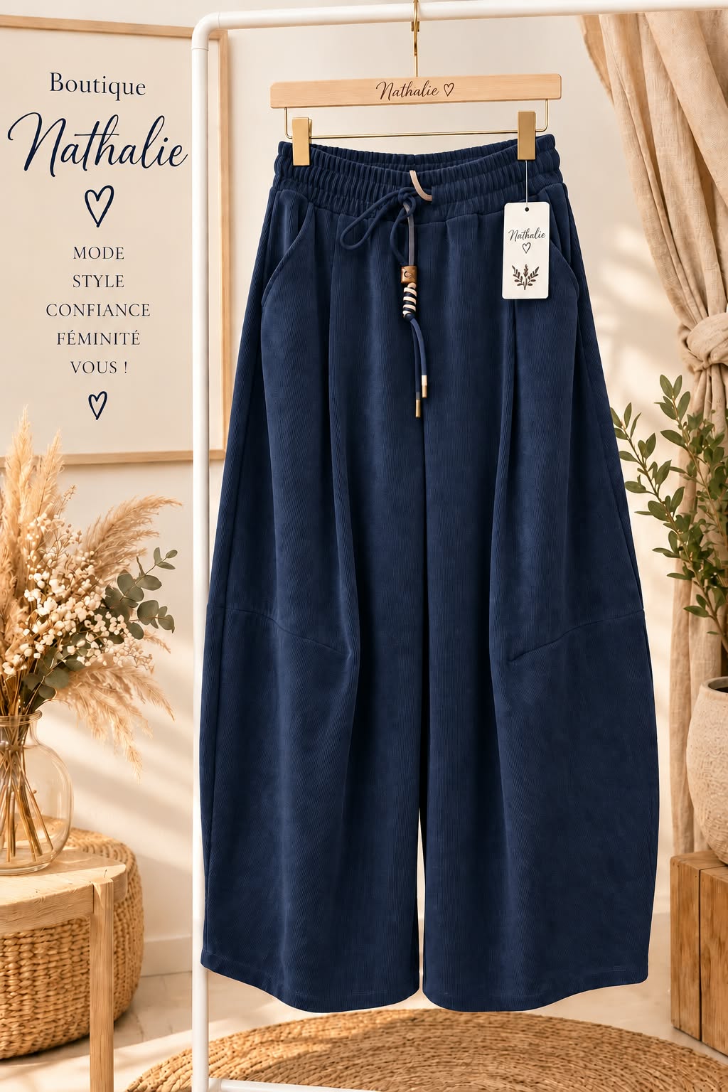Pantalon ample à taille élastiquée, cordon et poches