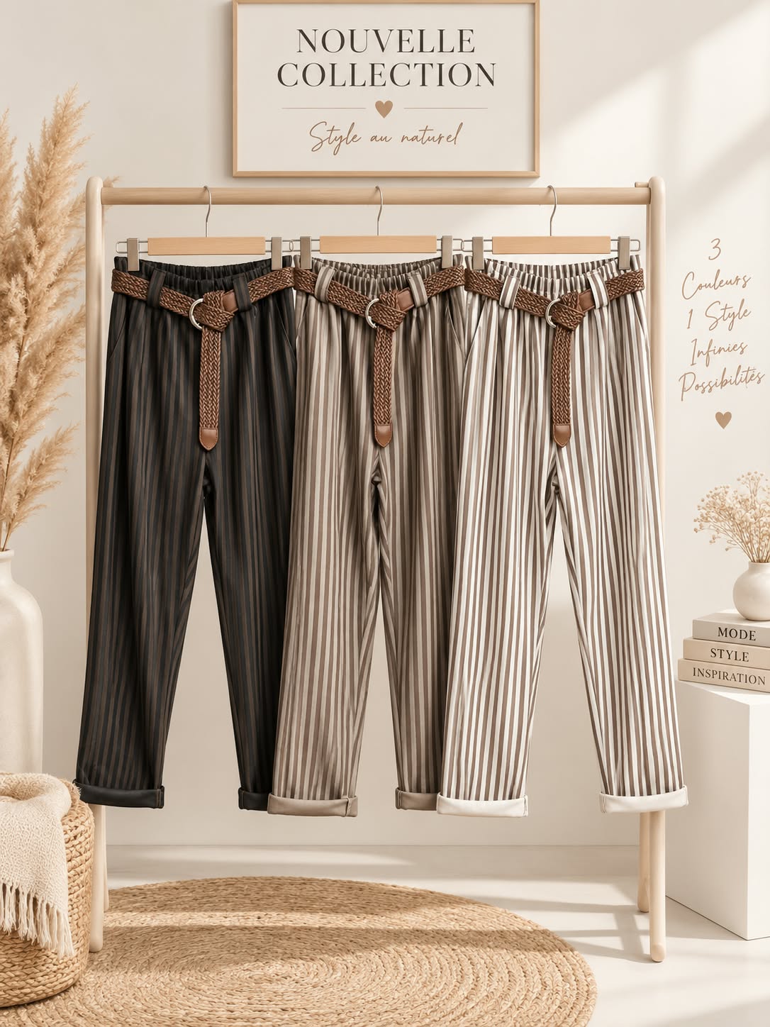 Pantalon à rayures verticales, taille froncée et ceinture tressée