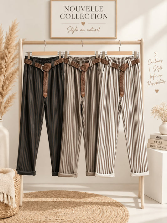 Pantalon à rayures verticales, taille froncée et ceinture tressée