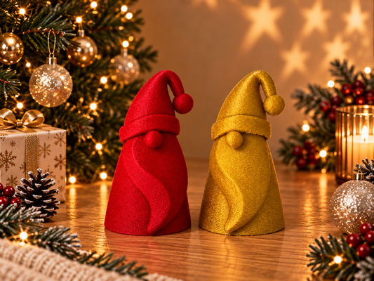 Deux lutins décoratifs de Noël, l’un rouge et l’autre doré mat