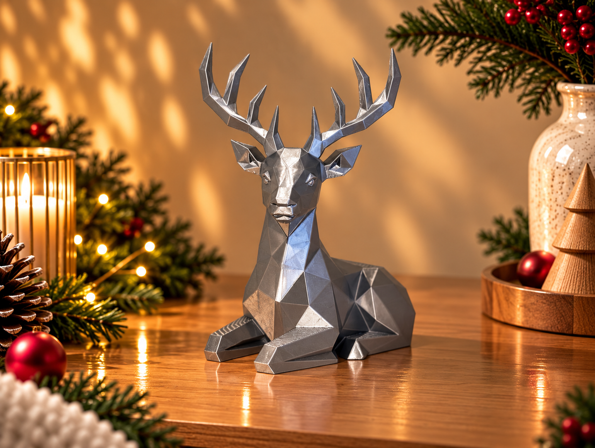 Le Cerf Hivernal argenté, cerf couché à facettes avec de grands bois, décoration à poser de 15 cm.