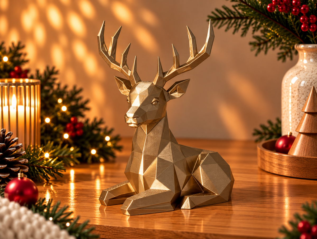 Le Cerf Hivernal doré, cerf couché à facettes avec de grands bois, décoration à poser de 15 cm.