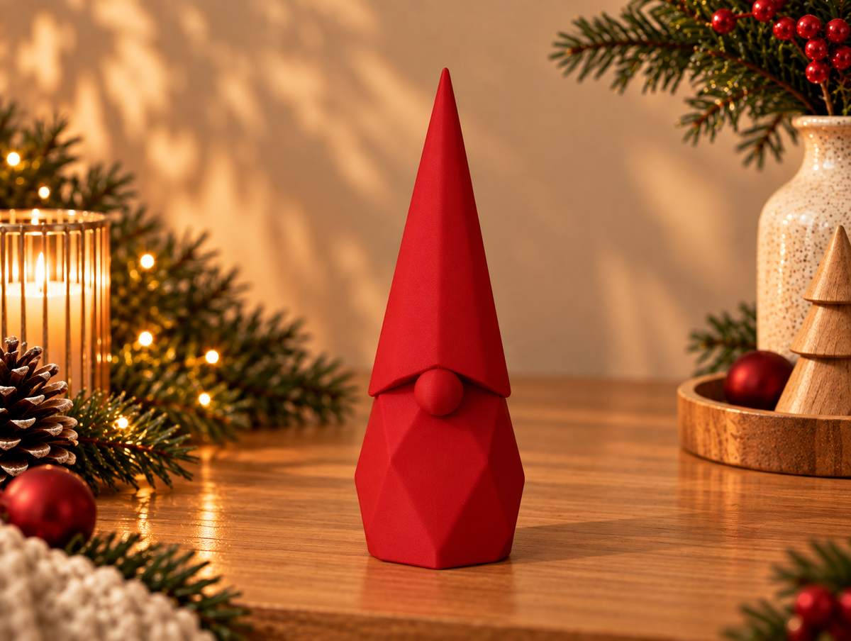 Le Lutin de Noël rouge à poser, avec un long bonnet pointu, un nez rond et un corps à facettes, hauteur 15 cm.