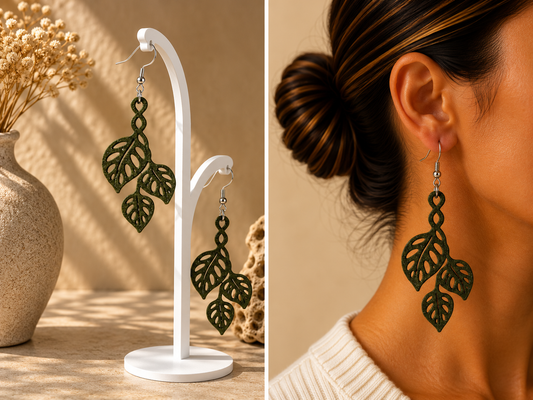 Boucles d’oreilles vert sapin composées de trois feuilles de monstera adansonii ajourées, présentées sur support et portées