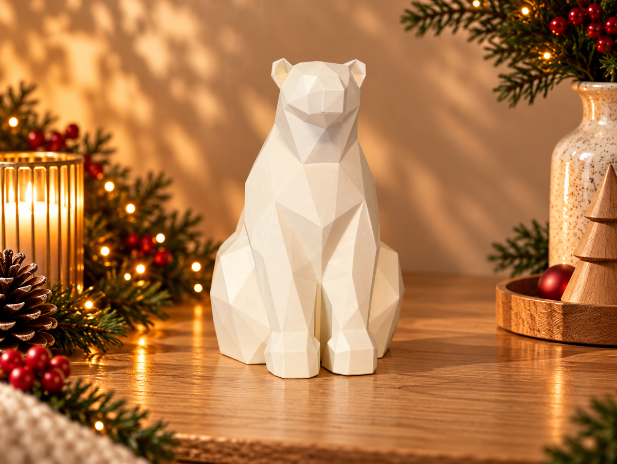Ours polaire blanc assis aux formes géométriques à facettes, décoration de Noël à poser de 15 cm.