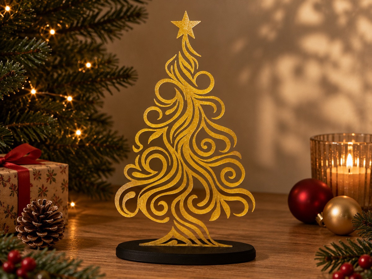 Sapin filigrane décoratif de Noël doré mat sur socle rond