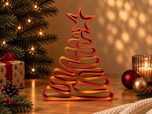Sapin ondulé de Noël rouge et doré surmonté d’une étoile