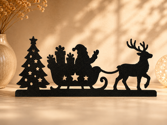 Silhouette noire du Père Noël dans son traîneau tiré par un renne près d'un sapin