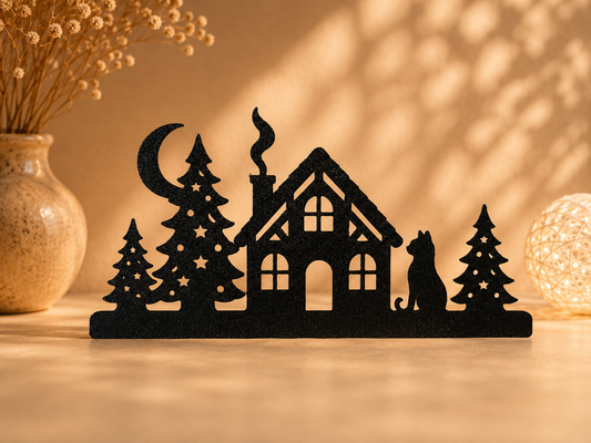 Silhouette noire avec maison, sapins, lune et animal assis