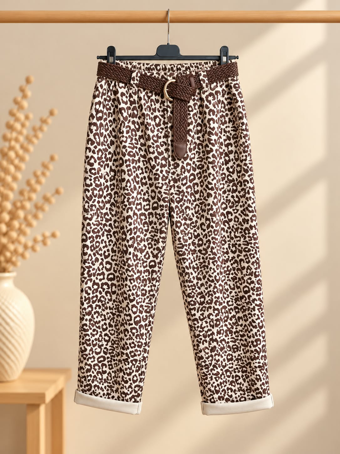 Seconde vue de face sur cintre du pantalon Animal à imprimé léopard clair et brun, avec passants, ceinture tressée marron, jambes légèrement fuselées et bas à revers clairs.
