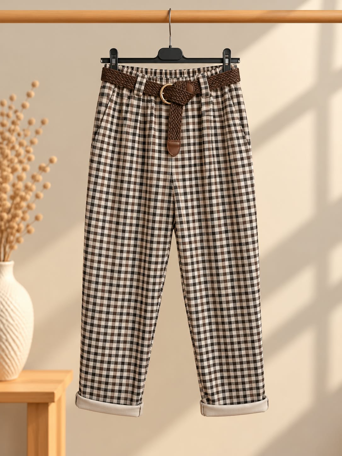 Vue de face sur cintre du pantalon à petits carreaux bruns et beiges, taille froncée, ceinture tressée marron à boucle arrondie, plis devant et revers bruns au bas.