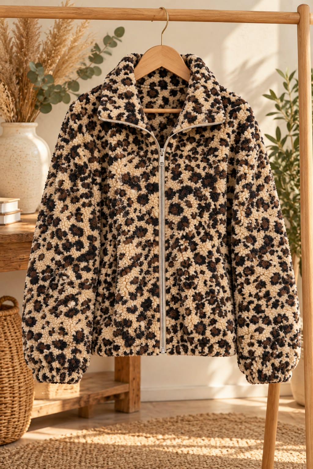 Vue de face sur cintre de la veste à imprimé léopard beige, brun et noir, texture bouclée en relief, fermeture zippée, col montant rabattu et poignets resserrés.