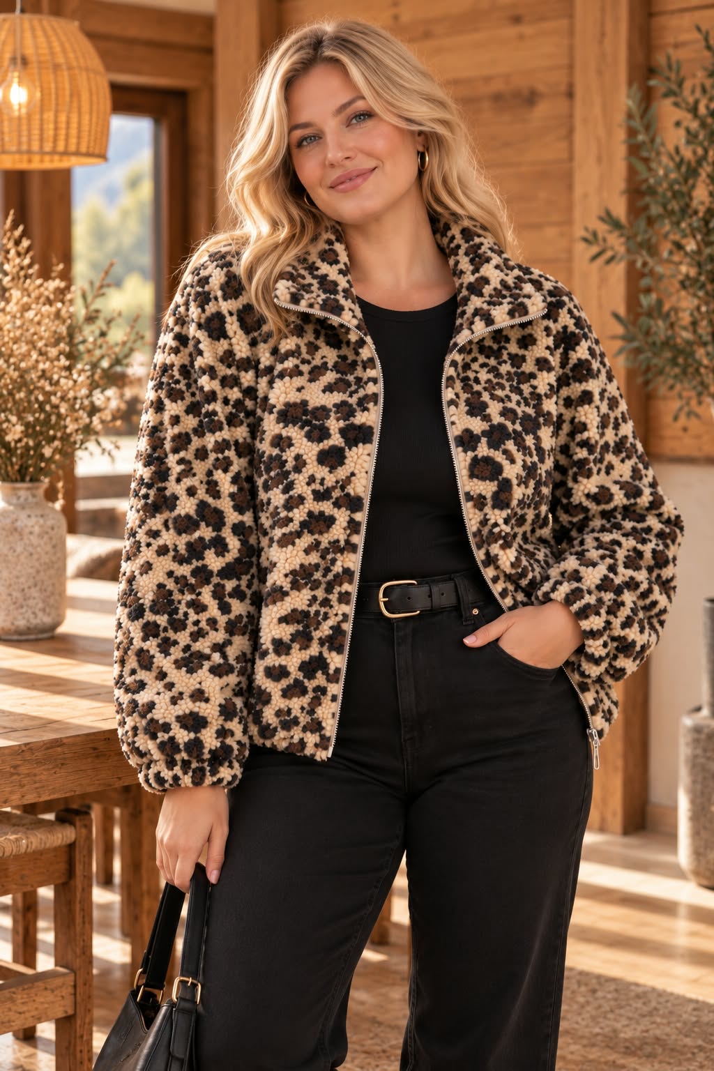 Veste léopard beige, brune et noire portée ouverte sur une tenue noire, vue de face, avec texture bouclée, col rabattu et manches longues à poignets resserrés.