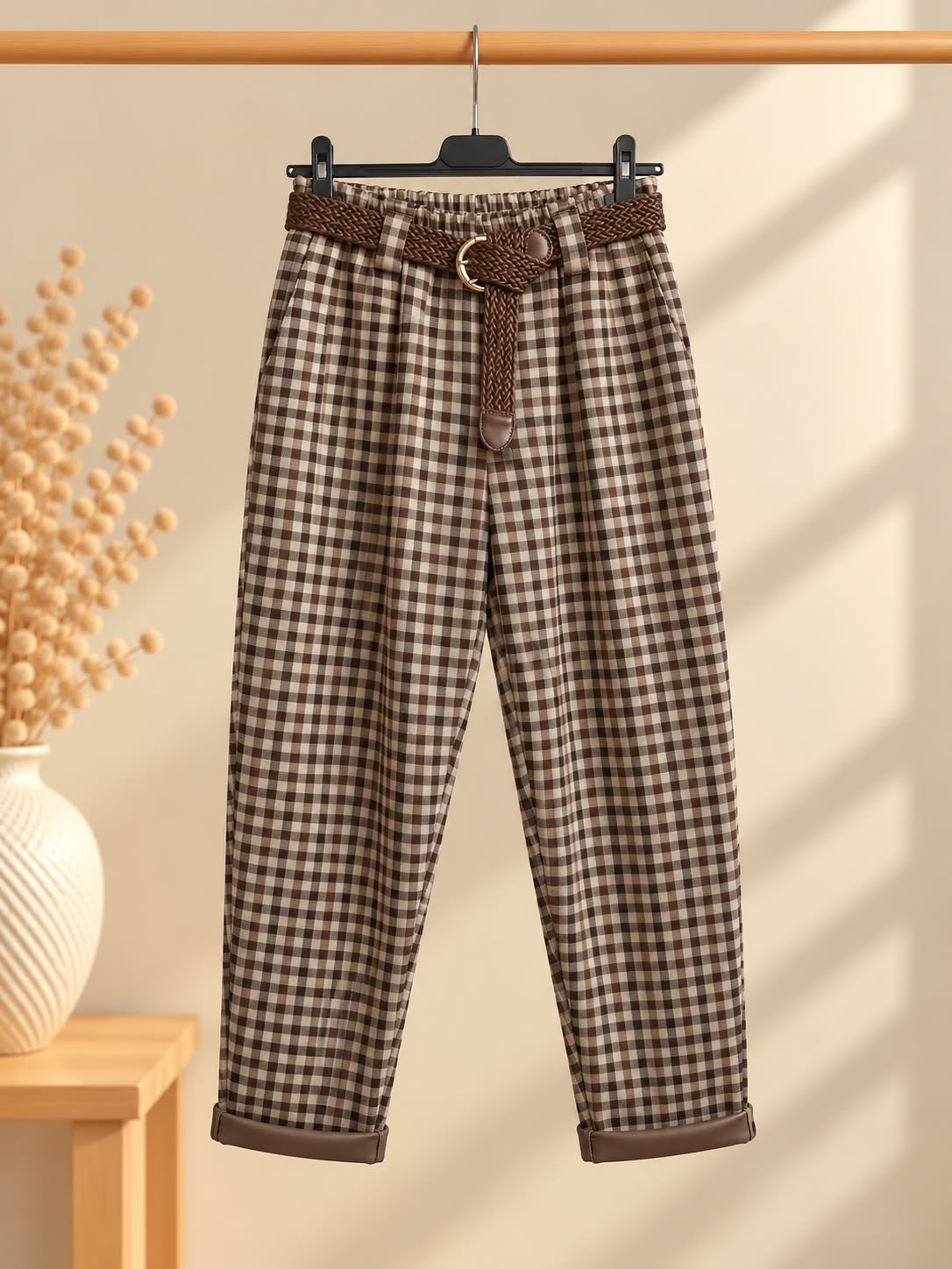 Vue de face sur cintre du pantalon à petits carreaux foncés sur fond écru, avec ceinture tressée marron, plis devant, jambes légèrement fuselées et revers clairs au bas.